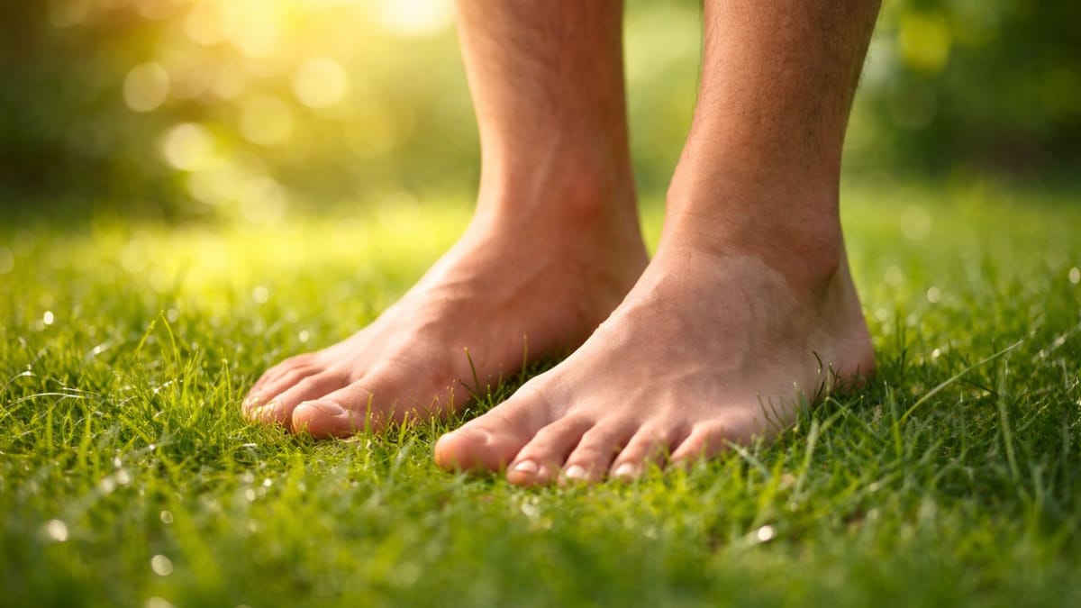 Bare feet standing on grass in the morning sun