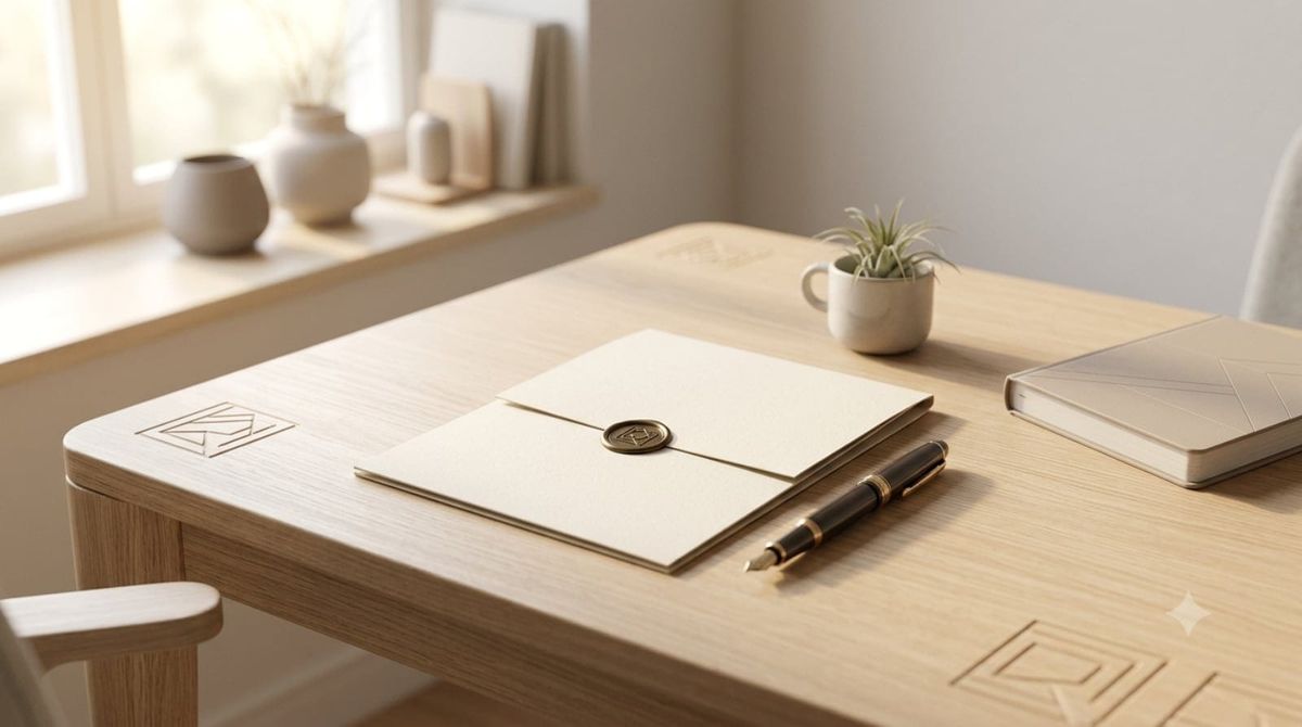 Scandinavian style table with sealed document on top with pen beside it.